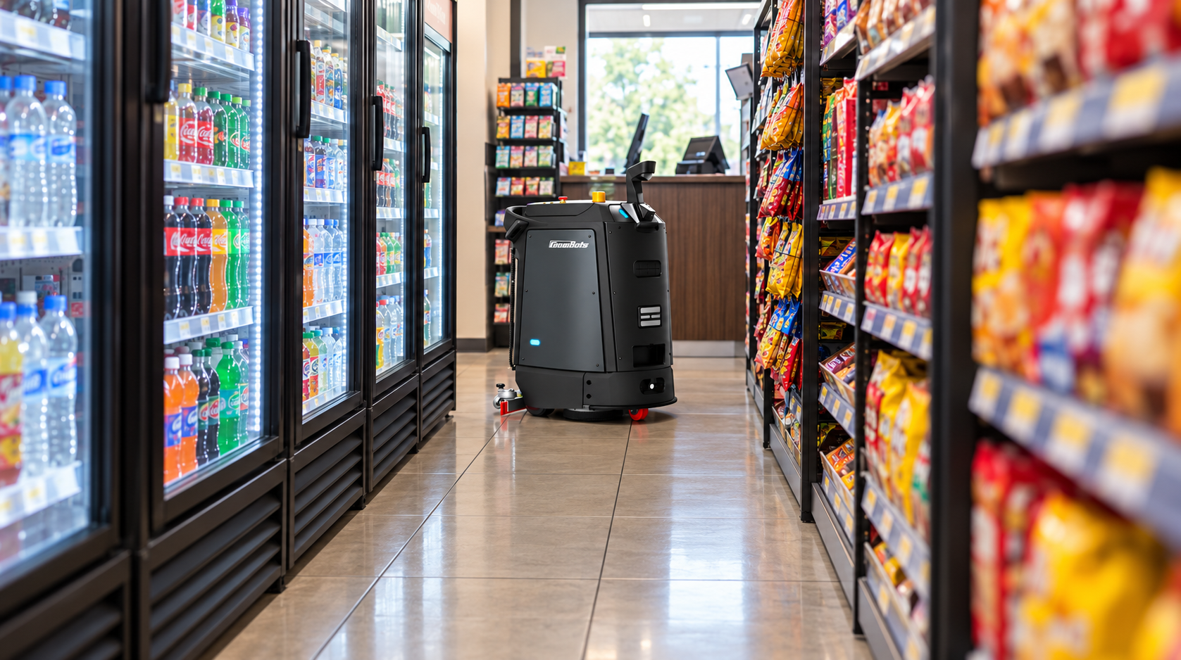 Autonomous Cleaner in Convenience Store Aisle