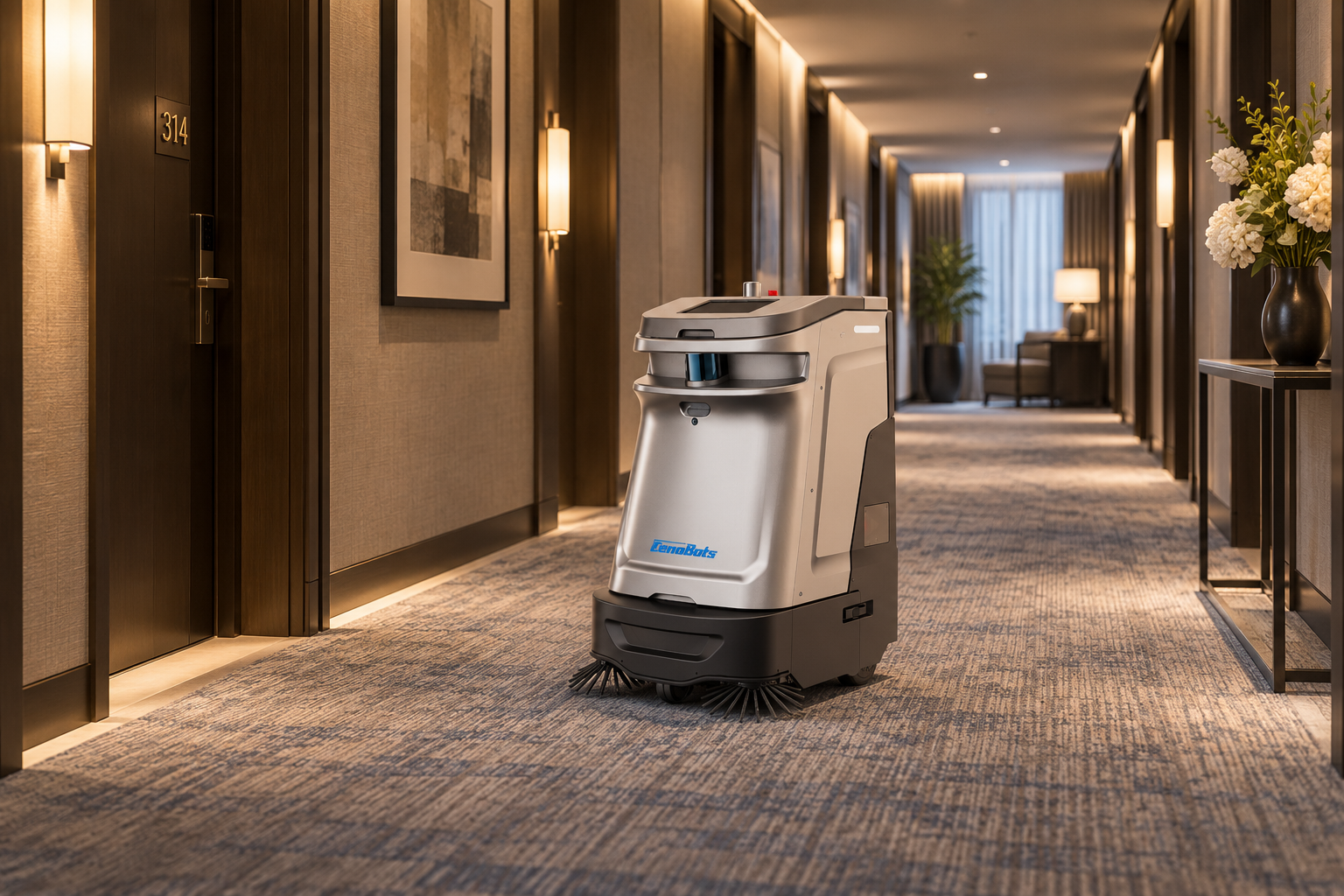 Autonomous Cleaning Robot in Luxury Hotel Corridor