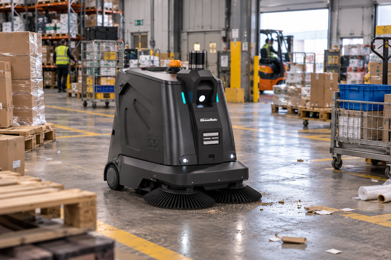 Autonomous S5 Sweeper in Busy Warehouse