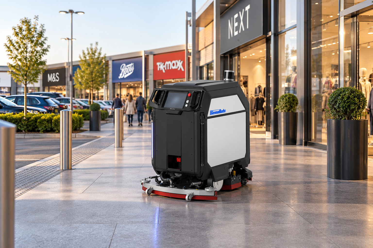 Autonomous Scrubber at Golden-Hour Retail Park