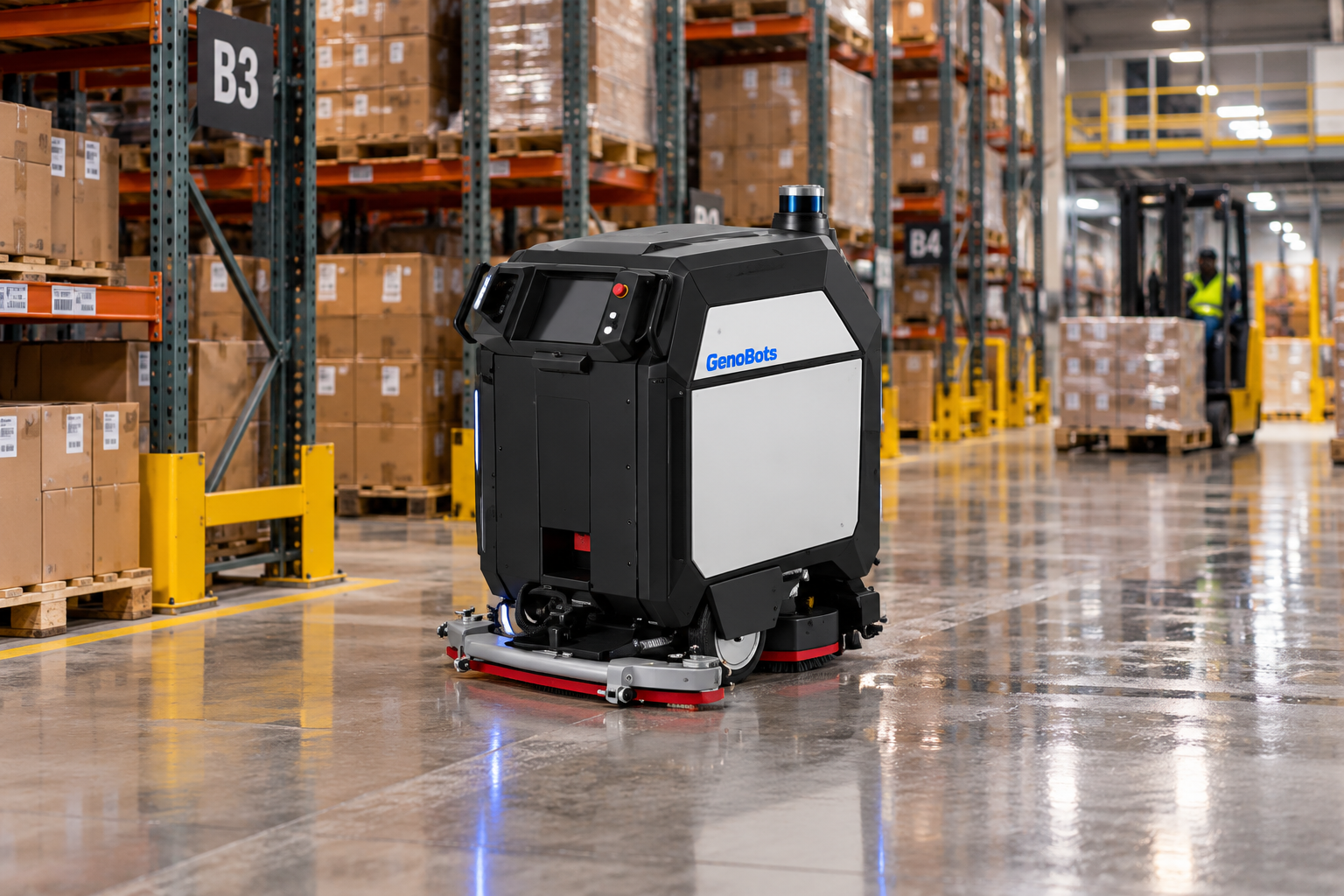 Autonomous Scrubber in Warehouse Aisle